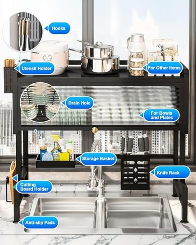 Égouttoir de Cuisine Multifonction 85cm – Noir Inox Haute Résistance | منظم المطبخ فوق المجلى 85 سم – أسود مقاوم للصدأ